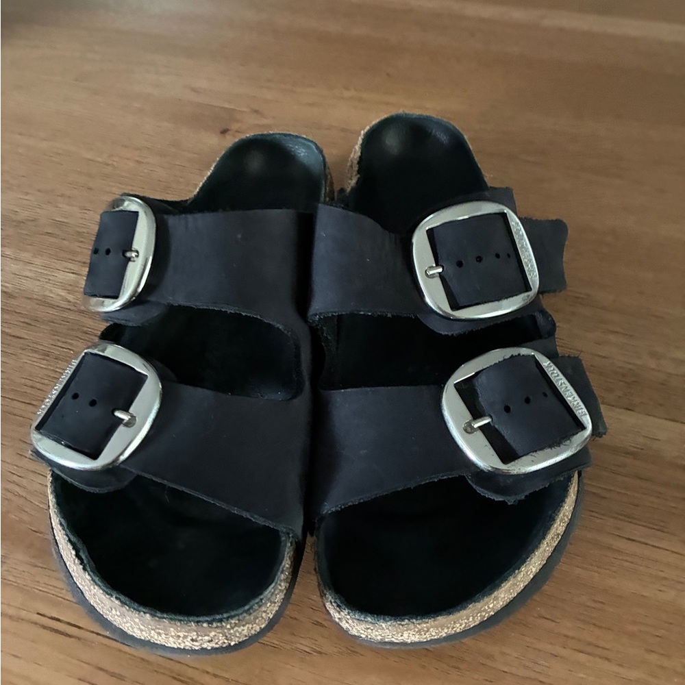 black leather big buckle Birkenstock sandals
